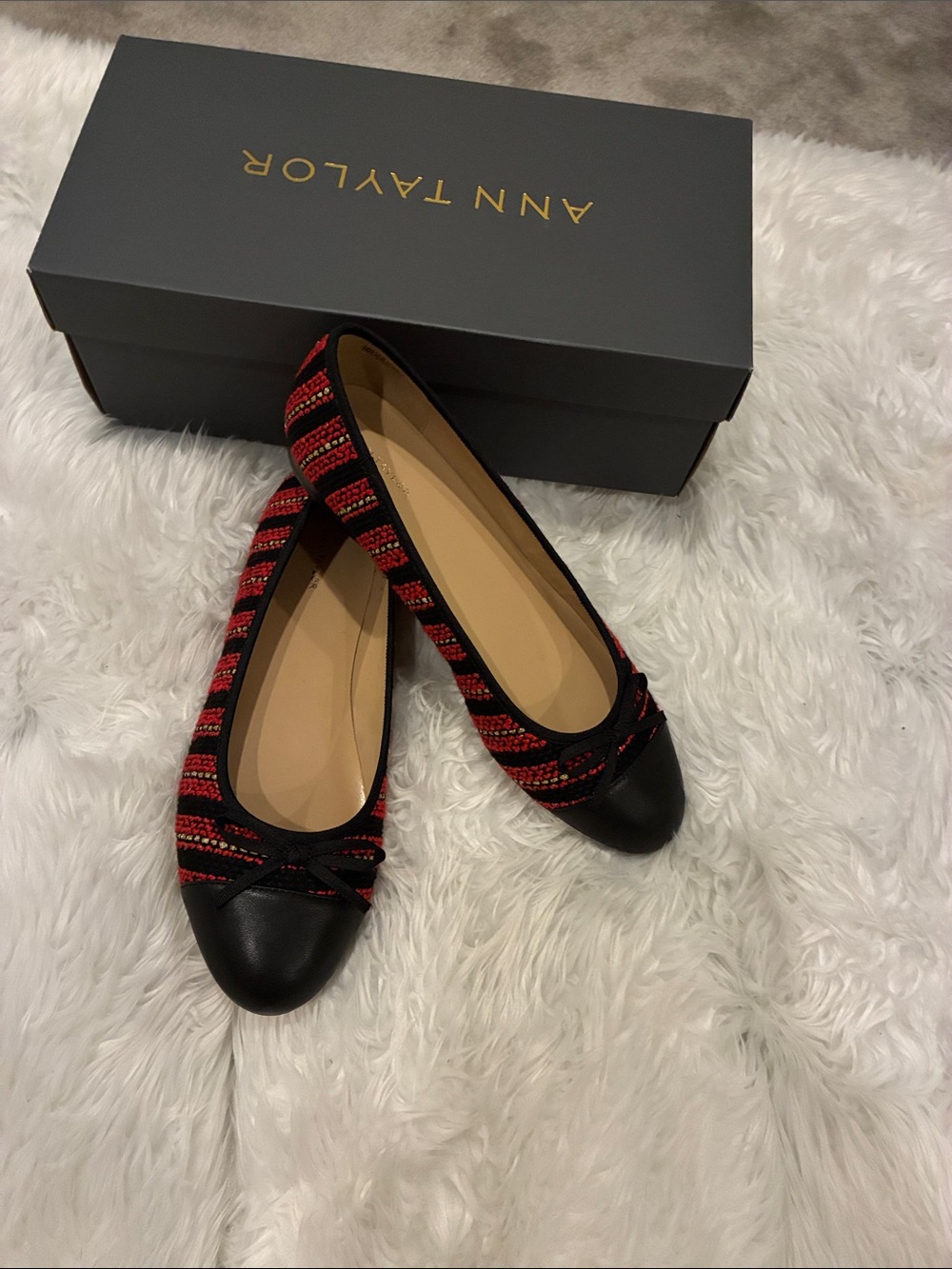 Ann Taylor Black & Red Striped Toe Cap Ballet Flats